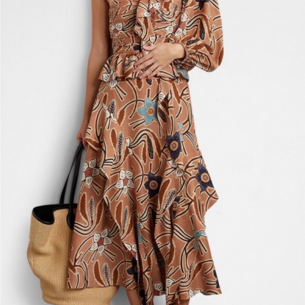 Ulla Johnson Floral One-Shoulder Dress in Brown and Blue